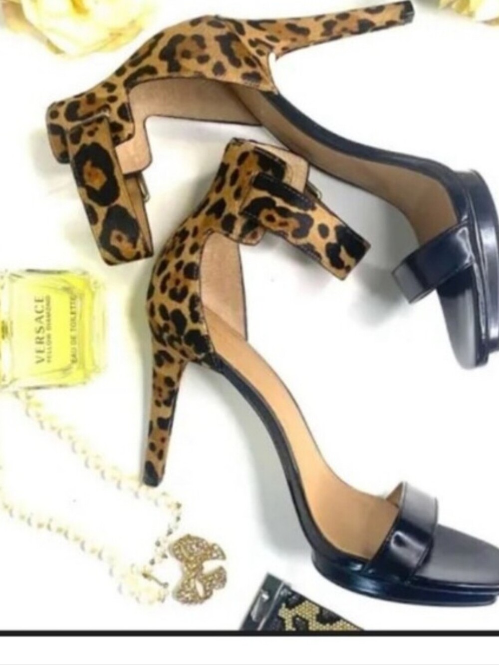 Calvin Klein Black Leather & Cheetah Print Ankle-Strap Stiletto Heels